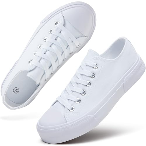 hash bubbie Women's White Mono Canvas Sneakers, Low Top, Size 6, Breathable, Lace-Up, Casual