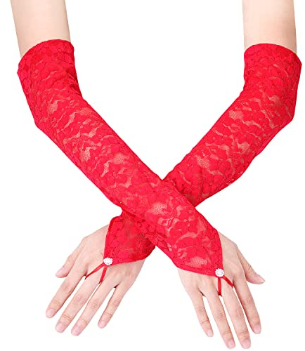 KINBOM Gants Longs en Dentelle pour Femmes, Mariée, Tea Party, Costumes des Années 1920, Opéra, Mascarade - Sans Doigts, Longueur du Coude 40cm (Rouge)