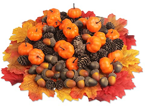 YiYa 150 pièce Décoration de Pommes de Pin de Thanksgiving avec Mini Citrouilles Glands Artificiels Feuilles d'Érable pour Fête d'automne Thanksgiving Home Wedding Decor
