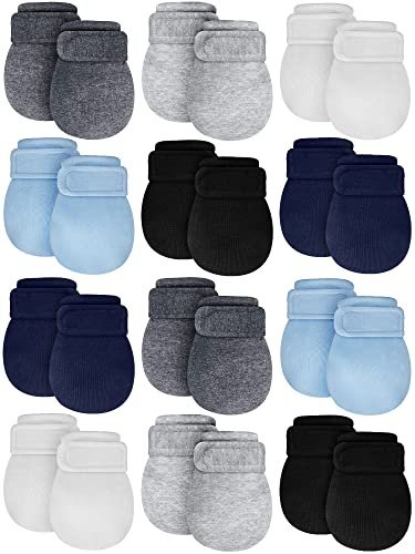 Newcotte 12 Pairs Adjustable Preemie Baby Mittens No Scratch Newborn Cotton Breathable Gloves Warm Mitts for Boys Kids(Classic Colors)