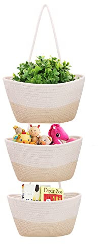 Gearific Cestino da appendere sopra la porta, 3 ripiani in corda di cotone da appendere a parete, per organizzare e conservare, cesto decorativo da appendere per camera da letto, bagno e soggiorno