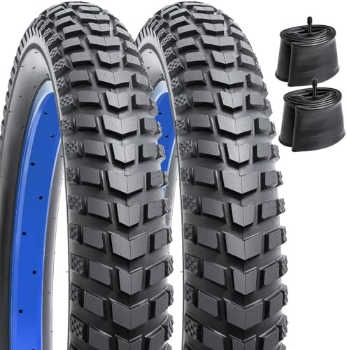 YunSCM 2-st 24 tum cykeldäck 24 x 3 däck 76-507 och 24 tum kraftiga cykelrör Schrader-ventil kompatibel med 24 x 3,0 24 x 3 feta E-Bike terrängriktningsdäck och slangar (Y-1137)