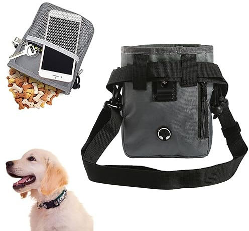 Helweet Dog Treat Pouch, Snack Bag for Dog, Puppy Training Bag, Dog Treat Bag, Dog Training Treat Pouch, Suitable for Puppy Training, Dog Walking, Hiking, Outdoor Travel, 3 Ways to Wear, Grey