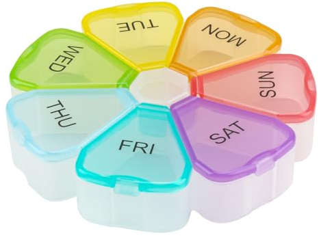 Organizzatore Portapillole Rotondo di Alta Qualità,7 Scomparti Ampi, Scomparti Grandi e Facili,Design Unico a Molla, Ideale per Compresse, Vitamine, Senza BPA (Multicolore)