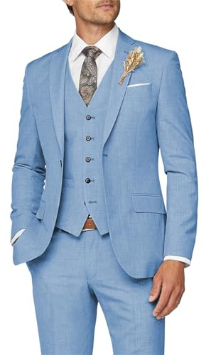 Wangyue Traje de 3 Piezas Ajustado para Hombre, Traje Formal de Negocios, Boda, Novio, graduación, Esmoquin, Cena, Fiesta, Azul Polvoriento, X-Small