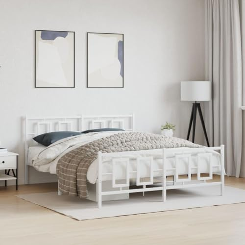 vidaXL White Metal Double Bed Frame with Slatted Support, Modern Bedroom Furniture with Headboard and Footboard - 59.1x78.7
