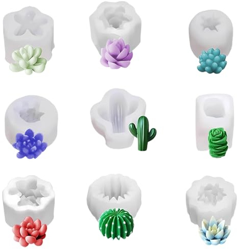 QINGYIWL Set di stampi in silicone per piante grasse 9 pezzi, kit di stampi per candele in silicone, forma di cactus, stampo in silicone 3D per aromaterapia, candele, decorazione per torte, produzione