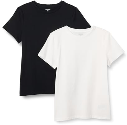 Amazon Essentials Women's Regular Fit 100% Cotton Crewneck Short Sleeve T-Shirt, Pack of 2, Black/White, Medium