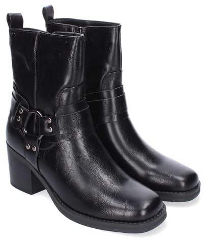 shoes&blues.es 85695 Botines de Tacon para Mujer, Elegantes Adorno de Hebilla, Puntera Redonda y Cierre de Cremallera Lateral Comodas y Versatiles. Negro Talla 40