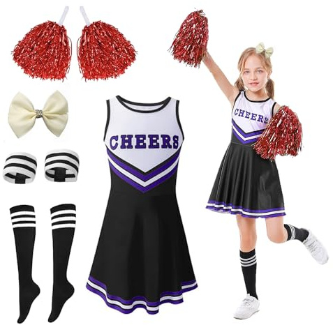 Deguisement Pompom Girl Fille, Costume De Cheerleader 140cm, Deguisement Pompom Girl Enfant, Avec Pompoms,Couvre Chefs,Chaussettes,Pour Carnaval Halloween Cosplay Costume Uniforme De Pompom Girl Fille