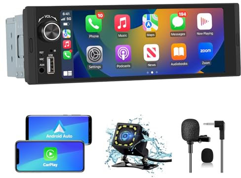 Hexinex 1 DIN Radio Coche Universal con Pantalla Táctil 6.36 Pulgadas, con CarPlay/AndroidAuto, Admite Carga Type-C/USB/Micrófono/FM/EQ/WiFi/GPS/Bluetooth/USB/SWC y Cámara Trasera