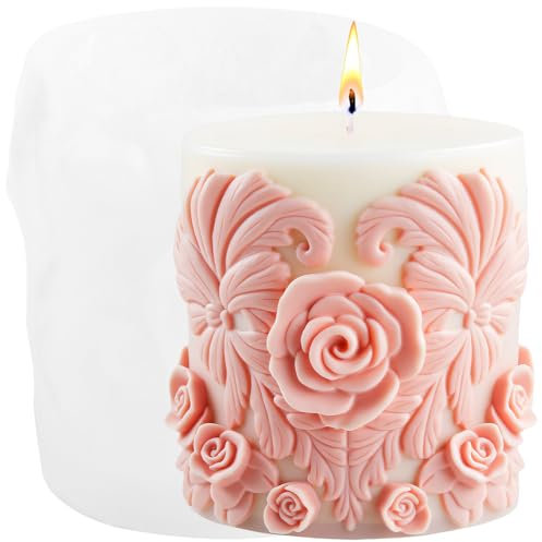 GLITZXFH Rose Flower Column Candle Molds Floral Pillar Candle Silicone Mold Rose Cylinder Resin Casting Molds for Candle Making Polymer Clay Craft Aromatherapy Plaster Candles Home Decoration