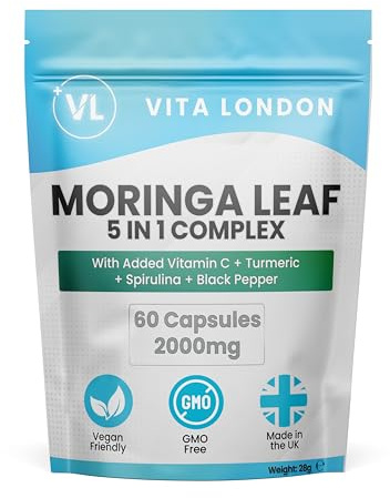 Moringa Leaf Capsules 2000mg | Added Vitamin C + Turmeric + Spirulina + Black Pepper | High Strength Supplements for Men & Women | 60 Vegan Capsules (Not Powder, Tablets of Gummies)