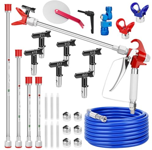 22 Pcs Airless Paint Sprayer Gun Kit for House Painting, Airless Spray Gun with 6 Reversible Spray Tips, 6 Filters,4 Extension Rod,High-Pressure Hose,2 Tip Guard and Guide Accessory Tool