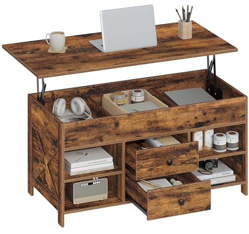 Hzuaneri Couchtisch, höhenverstellbarer Wohnzimmertisch, Sofatisch, 2 Schubladen und Versteckter Stauraum, 50 x 100 x 47,3-61,3 cm, für Wohnzimmer, Esszimmer, Büro, Vintage Braun-Schwarz CT22101B