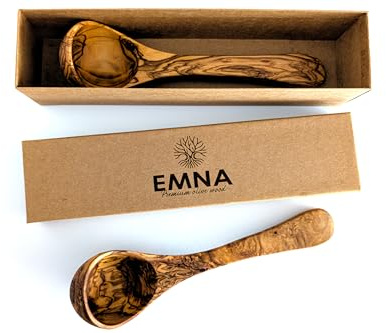 EMNA slev set av olivolträ 2 delar 25 cm – soppslev och slevare – handgjord – antibakteriell – i exklusiv presentförpackning med äkthetsintyg – presentidé jul födelsedag