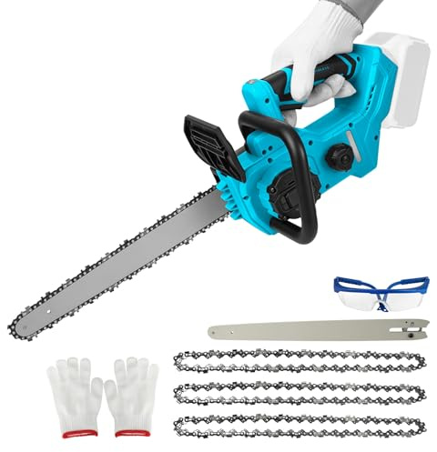 Borstlös motorsåg sladdlös kompatibel med Makita 18 V-batteri, 30 cm elektrisk motorsåg med 3 kedjor, bärbar handhållen motorsåg för träskärning, trädtrimning (blå)