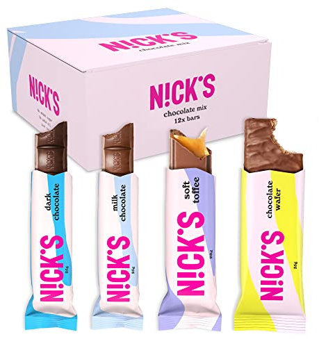 NICKS Schokolade Keto Riegel, Chocolate Mix box mit Schokoriegel ohne Zuckerzusatz, Glutenfrei, Low carb Süßigkeiten Palmölfrei (Probierpaket mit 12 Snacks bars)