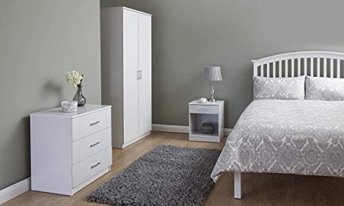 GFW Panama Bedroom Sets With Wardrobe, Chest Of Drawers & Bedside Table, Modern Wooden Matching Bedroom Furniture Storage Set, White, 3 Piece Set