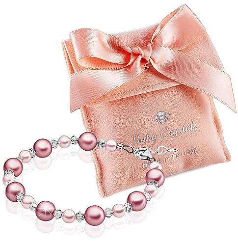Baby Crystals Sterling Silver Pearl Bracelet for Baby Girls – Newborn, Infant, Toddler, Pink and white Simulated Pearls & Crystals, Safe Keepsake Children’s Jewelry Bracelets for Girls