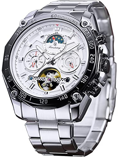 FORSINING Mens Tourbillon Automatic Mechanical Self-Wind Luxury Moon Phase Stainless Steel 44mm Big Black Dial Wrist Watch, silver white, Mechanical