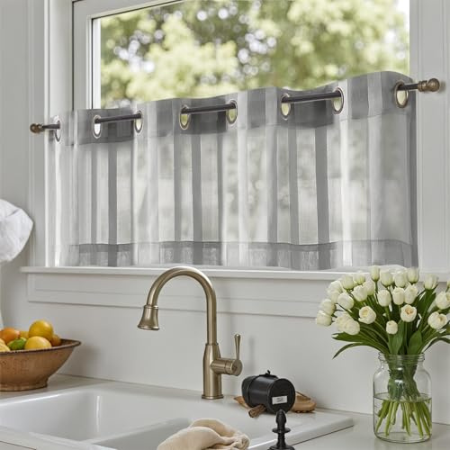 TOPICK Voile Scheibengardinen mit Ösen H 35 x B 130 (cm) 1er Set Transparent Bistrogardine Landhausstil Streifen Küchenvorhang Gestreift Küchengardinen modern für Wohnzimmer Klein Fenster Grau