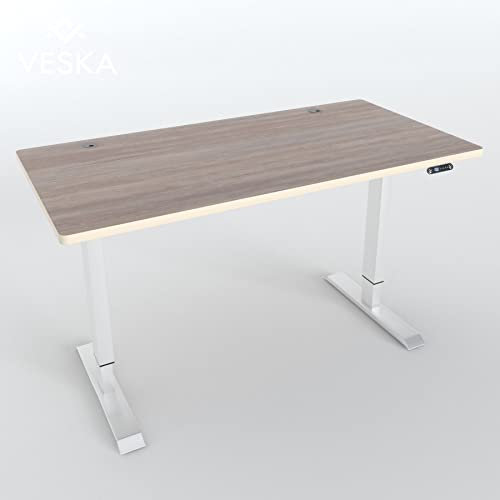 VESKA Höhenverstellbarer Schreibtisch (140 x 70 cm) - Sitz- & Stehpult - Bürotisch Elektrisch Höhenverstellbar mit Touchscreen & Stahlfüßen (Weiß/Eiche)