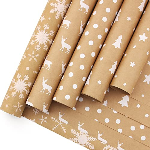 HBell Weihnachts-Geschenkpapier-Rollen, 44 cm x 3 m, braunes Kraftpapier, Schneeflocke, Elch, Weihnachtsbaum, Geschenkpapier für Weihnachten, Party, festliche Dekorationen, 5 Rollen