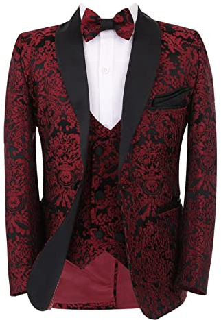 Boys Floral Burgundy Tuxedo Suit Embroidered Wedding Prom Performace Party 6 Piece Set Size 8 Years
