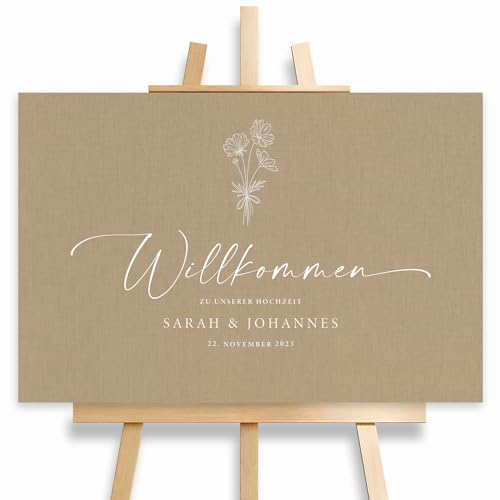 Willkommensschild Hochzeit Beige mit Datum und Namen, personalisierte Hochzeitsdeko, Willkommen Schild, Stoffoptik, Leinwand, 60x40, (HEI Print)