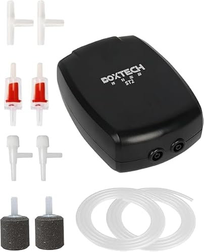 Boxtech Ossigenatore per Acquario a Doppia Uscita, Potente Aeratore Acquario Volume d'aria Extra Large con Pietra d'aria, Tubo d'aria e Valvola di Non Ritorno, Pompa d'ossigeno per Pesci per Acquari