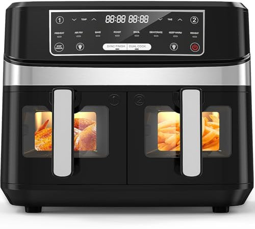 Heißluftfritteuse 2 Kammern mit Sichtfenster, 10L XXL Kapazität Doppel-Airfryer, 8-in-1 Kochvorgaben, Touchscreen, Smart und Timer-Funktion, Gesunde Friteuse ohne Öl und fettarmes Kochen