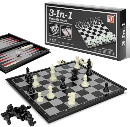 HDRNT Schachspiel Magnetisch, 3-in-1 Schachspiel Hochwertig,Einklappbar Schachbrett Schach für Kinder ab 6 Jahre， Reiseschachspiel mit tragbarem Aufbewahrungsschachbrett，Schwarz und Weiß 32 × 32 cm