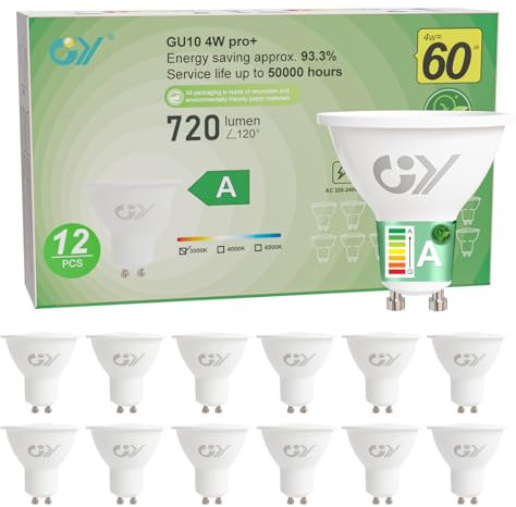 GY Bombilla Led GU10 4W(Equivalente a 60W), Luz Blanca Cálida 3000K, 720 Lúmenes, Ángulo de haz de 110°, No Regulable, Bombilla Bajo Consumo Clase A, Pack de 12