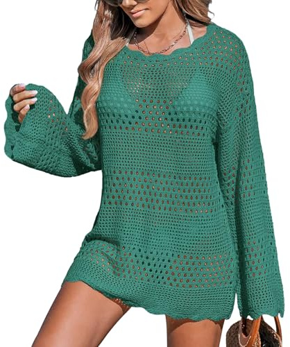 Justay Comf strandklänning damer strandmode strandklänningar sommar stickad urholkning strandtunika sexig strandponcho damer strand badmode bikini cover up, C-mörkgrön, one size