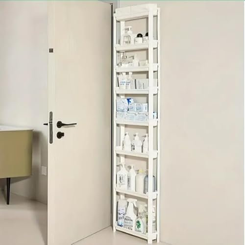 Yagosodee Behind Door Storage Organizer Rack, 8- Tier Slim Storage Shelf Free Standing Plastic Space Savers Room Storage Cabinet, Back Of Door For Kitchen Pantry Bathroom, White