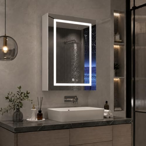 Plcnn Armario de pared de baño con espejo y LED, armario de inodoro Espejo, Farmacia Espejos con estante ajustable, temperatura de color ajustable (50 x 70 x 14 cm)