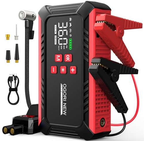 OGORI NEW Booster Avviamento Auto con Compressore Aria Portatile,Avviatore Batteria Auto 6000A (per Motori Fino a 8.0L Benzina/10.0L Diesel),12V Starter Batteria con Torcia a LED, Display LCD