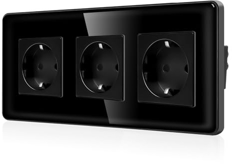 CNBINGO Enchufe triple de cristal empotrado, triple enchufe Schuko con placa de cristal curvado de 2,5D, 16 A, protección de contacto, enchufe de pared con seguridad para niños, 3 enchufes, color