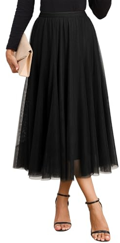 Happy Sailed Black Skirt for Women Elastic High Waisted A-Line Tulle Skirt Pleated Flowy Long Skirts Date Night Outfit Womens Clothes Large