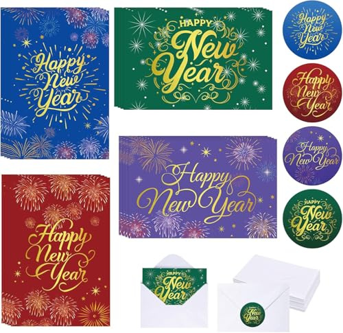 Lot de 12 cartes de vœux en feuille d'or sur le thème du Nouvel An 2026 de 10,2 cm avec enveloppes et autocollants dorés - Motifs assortis - Cartes de vœux pour le Nouvel An - Cadeaux d'entreprise et