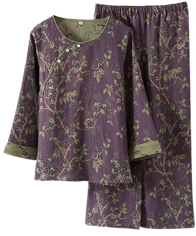 Modeewel Japanese Sleepwear For Women Chinese Pyjama Hanfu Kimono Japanese Nightwear Two-Piece Pants Suit Loungewear Sweatshirt Suit, purple, M