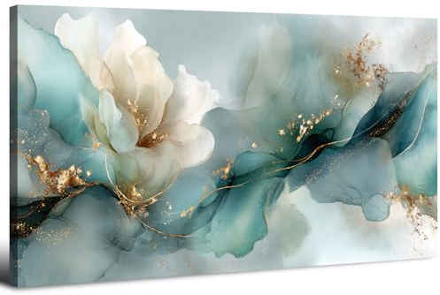 Tableau Fleur Abstraite sur Toile 20x40in Impression sur Toile Aquarelle Moderne Vert Sauge Blanc Peinture Murale Élégante Lignes Dorées Minimaliste Marbre Fleur Décoration Murale Salon Chambre Bureau