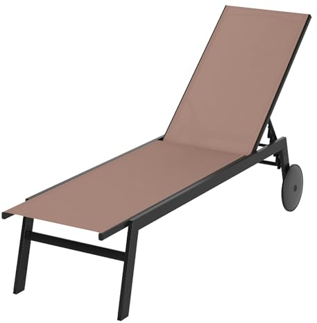 GIANTEX Juego de 1/2 Tumbonas de Jardín con Ruedas, Silla Reclinable de Metal con Respaldo Ajustable en 6 Posiciones, Tejido Transpirable, Tumbona para Piscina, Playa, Balcón (1, Marrón)