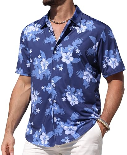 ELETOP Mens Hawaiian Shirts Short Sleeve Tropical Beach Button Down Shirt Floral Summer Casual Shirt 200 Flower Deep Blue L