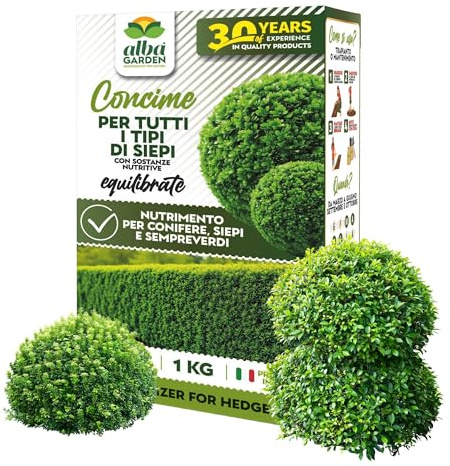 Albagarden - Concime Pellettato per Siepi e Sempreverdi NPK 10-5-15 - Foglie più Folte, Verdi e Robuste - Con Azoto, Fosforo e Potassio a Lenta Cessione - Granulare 1 Kg