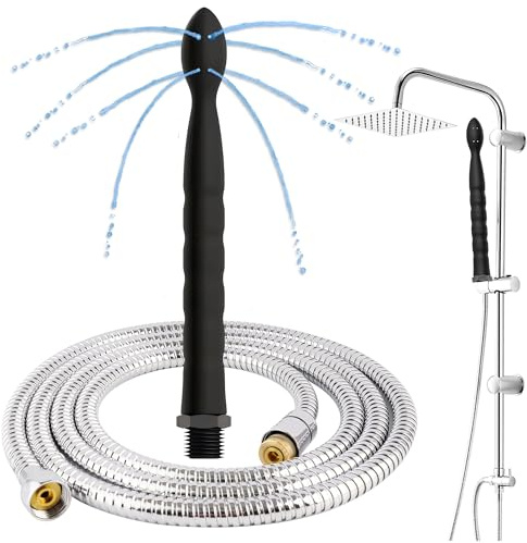 Sadodo 24 cm silikon duschrengöringsset + 145 cm hållbar slang i rostfritt stål | 8-håls - och vaginalt bevattningssystem, universellt G1/2-anslutning, kroppssäker professionell duschsats (svart)