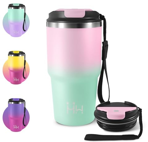 Tazza Termica 600ml, Termico per Caffè Riutilizzabile da Portare con Coperchio, Termo in Acciaio Inossidabile con Doppia Pared Aislante, per Auto, Campeggio, Bevande Calde, Latte e Tè, Palestra