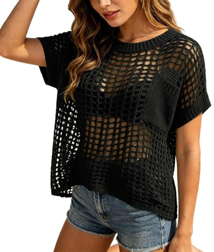 Générique Pull d'Été Ajouré Manches Courtes pour Femmes, Maille Légère Respirante pour Plage, Paréo Chic pour Soleil, pour Vacances et Sorties Estivales