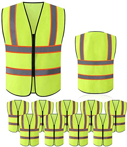 Tekware Safety Vest with High Reflective Strips, Pack of 10 Bright Neon Color Construction Protector with Zipper, Size L